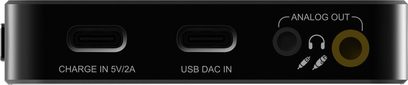 Convertor audio portabil Questyle SIGMA, vedere frontală cu porturi USB‑C pentru încărcare, DAC USB și ieșiri analogice pentru căști/RCA