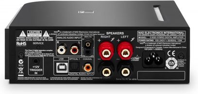 NAD D3020 sort hi-fi stereoforstærker, bagside, analoge og digitale lydstik, USB, optisk, koaksial, højttalertilslutninger