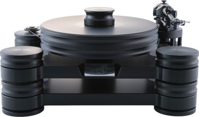 Giradischi hi-fi Transrotor Dark Star Reference RB330 nero opaco con piatto spesso scanalato a trazione a cinghia, braccio di lettura a destra e piedini cilindrici massicci, vista frontale