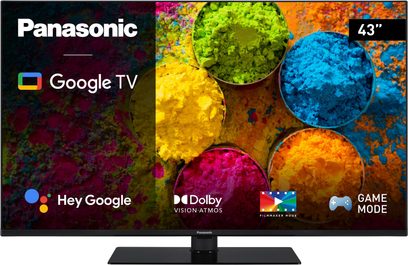 Panasonic TX-43MX700E tv på 43 tommer, skærm viser farverigt brugergrænseflade, sort ramme og fod