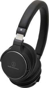 Lukket circumaural hovedtelefon Audio-Technica ATH-SR5BT i sort, med kunstlæderbøjle og -puder, set fra venstre profil