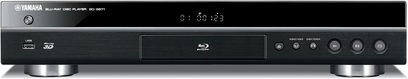 Yamaha BD-S671 sort Blu-ray-afspiller, set forfra, blå LED-display, knapper og stik på forsiden, mat sort finish