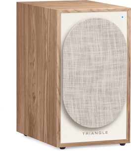Verbonden luidspreker Triangle BR03 Connect licht eikenhouten, vooraanzicht, houten behuizing, beige stoffen rooster over ronde luidspreker