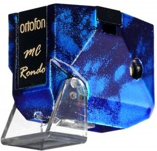 Ortofon MC Rondo vinylpickup-enhed, sølvfarvet metal, læsespids, gennemsigtig holder, sort og blå æske