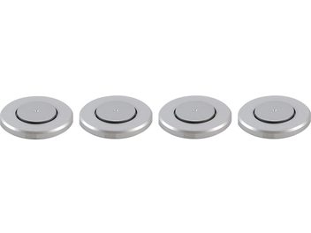 Vier identieke SSC Netpoint 200 zilveren spikes, rond en metalen, van bovenaf gezien op een effen grijze achtergrond