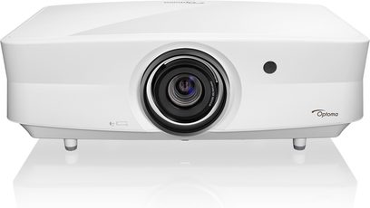Optoma UHZ65LV hvid videoprojektor, set forfra, sort linse i midten, infrarød sensor til højre