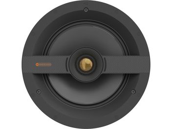Vestavěný reproduktor Monitor Audio PZ2, pohled zepředu, černá kruhová mřížka s zlatým výškovým reproduktorem uprostřed