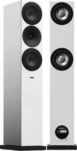 Amphion Argon 7LS gulvhøjttaler sort og hvid, set forfra og bagfra, 3 sorte runde højttalere, sort sokkel