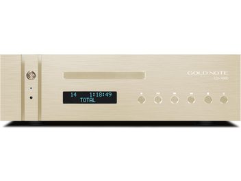 Lettore CD Gold Note CD-1000 in alluminio spazzolato oro, vista frontale, fessura di inserimento, display blu, sei pulsanti rotondi