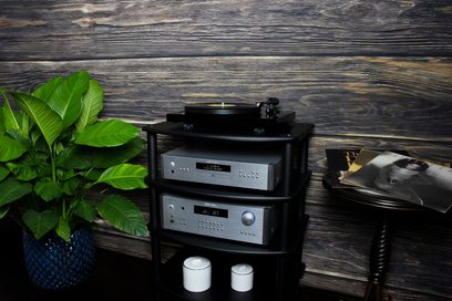 Amplificatore hi-fi stereo Rotel RA-1592 MKII argento, vista frontale, posato su un tavolo di legno scuro con una pianta verde e vinili accanto
