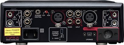 Panoul posterior al amplificatorului de putere Cyrus Classic POWER, carcasă metalică neagră, RCA/XLR, borne pentru boxe, priză IEC, PSX-R
