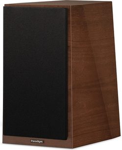 Paradigm Founder 40B boekenplankluidspreker, notenhoutkleur, vooraanzicht, donkere houten behuizing, zwarte voorkant, rechthoekige vorm