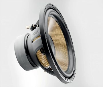 Focal SUB 1000 F sort baskabin, frontvisning i nærbillede, beige glasfibermembran, blank sort kant