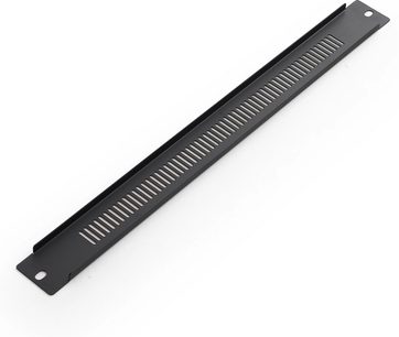 Sort, rektangulært ventilationspanel med parallelle slidser og to cirkulære huller i enderne