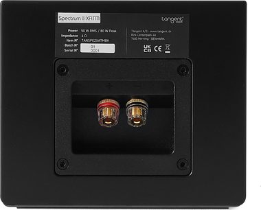 Sort Tangent Spectrum II XATM Dolby Atmos-højttaler, bagsidevisning, indfældet terminal med to forgyldte tilslutninger