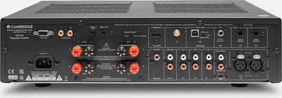 Cambridge Audio EXA100, hátsó nézet, különböző audio csatlakozók, piros és fekete hangszóró csatolók, USB, HDMI és RCA portok