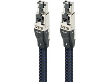 Two shielded RJ45 connectors in silver metal with black plastic caps marked "Vodka" and directional arrows, mounted on a 0.75 m Audioquest RJ/E Vodka cable with a black and blue braided textile jacket, front view