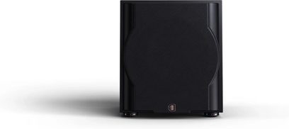 Subwoofer Perlisten R10s, vista frontale, griglia nera circolare, cabinet rettangolare, piedini metallici, logo in basso