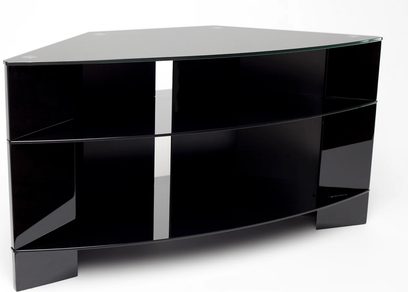 Hjørne-TV-møbel fra Norstone Design Corner i blank sort, 2 døre, 3 hylder, sort struktur, glasfacade