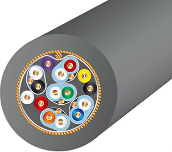 Tværsnit af en grå rund kabel, der viser 19 flerfarvede elektriske ledere arrangeret i koncentriske cirkler