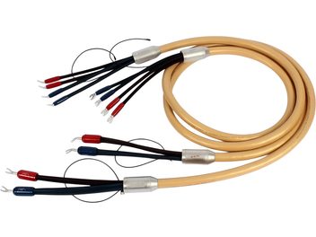 Van den Hul 3T The Cumulus Hybrid høyttalerkabel beige med røde og blå termineringer, sett ovenfra