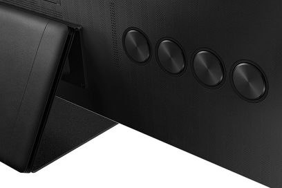 Samsung QE75QN800B 2022 TV, set fra siden, sort skærm, 4 ovale indbyggede højttalere på bagsiden, smal ramme