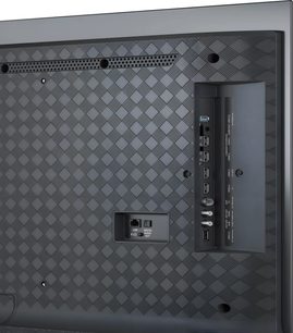 Televizor Loewe We. SEE 55 OLED dc negru, vedere din spate cu conectivitate laterală HDMI, USB, LAN și audio digital