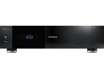 Player multimedia Player Pro 8K R_volution, vedere frontală, carcasă neagră, ecran digital albastru, buton de alimentare, port USB