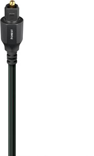 Optisk digitalkabel Audioquest Forest optisk 12m sort med tynne grønne linjer, Toslink-kontakt i matt svart plast med innskriften FOREST og forgylt spiss, forfra sett
