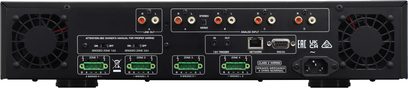Rotel C8 sort multikanal-effektforstærker, frontpanel, frontvisning, 8 kanaler, 12 knapper, 8 indikatorlys, 2 stik, 1 skærm