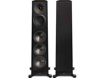Dos altavoces de columna Paradigm Founder 120H en madera negra, de frente sobre fondo blanco
