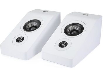 Duas colunas Polk Audio R900 brancas, vista superior, forma hexagonal, alto-falante central preto