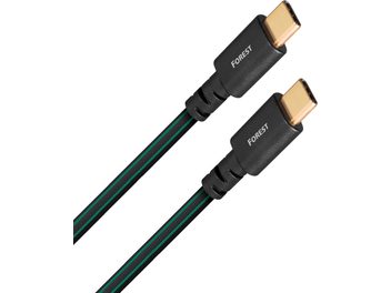 Zwei 0,75 m lange schwarze USB-C-Kabel aus Carbonfaser von Forest mit goldbeschichteten Anschlüssen und grünen Streifen