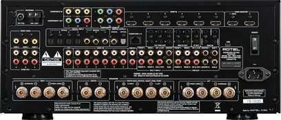 Rotel RSX-1562 sort hjemmebiografsforstærker, frontpanel, frontvisning, mange lyd/video-stik, knapper og drejeknapper til justering
