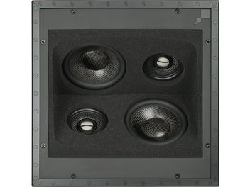 Caixa acústica embutida Sonance R1CSUR, vista frontal, 4 alto-falantes circulares pretos em uma moldura quadrada cinza escura texturizada