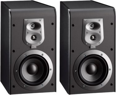 Due diffusori da libreria JBL ES30 neri, visti frontalmente, con altoparlanti a medio raggio e tweeter, griglie rimovibili