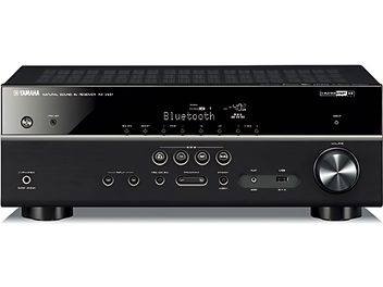 Yamaha RX-V481 sort hjemmebiografsforstærker, set forfra, blå skærm, sølvfarvede knapper og drejeknapper, USB-port, hovedtelefonstik