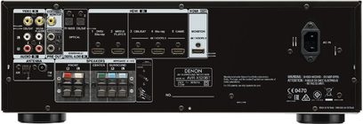 Denon AVR-X520BT hjemmebiografsforstærker, set forfra, sort front med knapper, stik, display og logo, tæt på