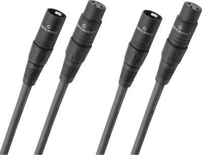 Pár analogových audio kabelů XLR Oehlbach NF 14 Master X v tmavě šedé barvě, s měkkým plastovým opletením a černými matnými kovovými válcovými konektory, šikmý pohled
