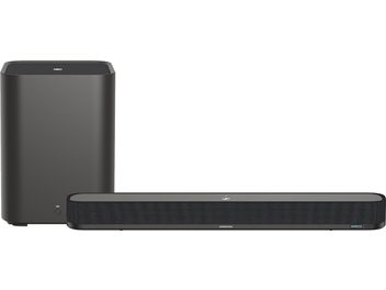 Black Sennheiser AMBEO Soundbar Mini and AMBEO Sub subwoofer, front view on white background