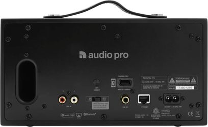 Trådløs højttaler Audio Pro Addon C5 sort, set forfra, med tilslutninger og kontrolknapper på bagpanelet