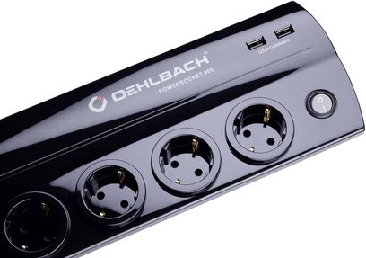 Oehlbach Power Socket 905 sort, 4 runde stikkontakter, 2 USB-porte, nærbillede forfra