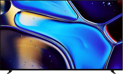 Sony BRAVIA 8 TV (65XR80) fladskærm, set forfra, abstrakt blå og gul visning, sorte ben synlige