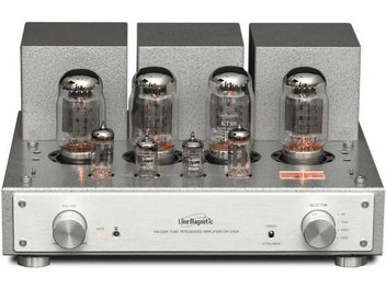 Toru-hifi-võimendi Line Magnetic LM-216IA hõbedane, vaade eest, 4 torulampi, 2 pöördnuppu, esipaneeli pesad, metallist korpus