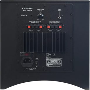 Santorin 17 M2 subwoofer sort, bagside, rektangulært sort panel, knapper, stik, hvide inskriptioner