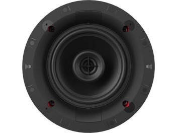 Klipsch DS-160-CDT Sky Hook Einbaulautsprecher, Frontansicht, runde Form, schwarzer Mitteltöner, 4 rote Befestigungspunkte am Rand