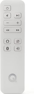 Matte white plastic remote control for the Q Acoustics E300A integrated stereo hi-fi amplifier, front view, rectangular case with rounded corners featuring twelve grey buttons and a Q logo at the bottom