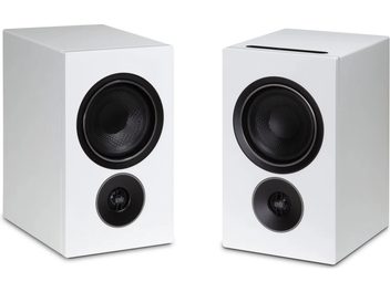 Paire d’enceintes PSB iQ2 blanches, format bibliothèque, façade blanche avec woofer et tweeter noirs visibles