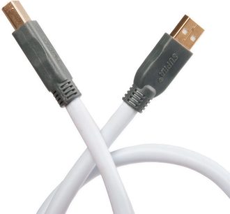 Kabel USB 2.0 A do B Supra o długości 5 metrów, metaliczne szare złącza, biała osłona, zbliżenie na końcówki