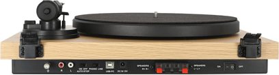 Hi-fi gramofon Enova HIFI Vision 2 SET Beech, zadnji pogled, podstavek iz svetlega lesa, črn krožnik, vidni priključki in gumbi